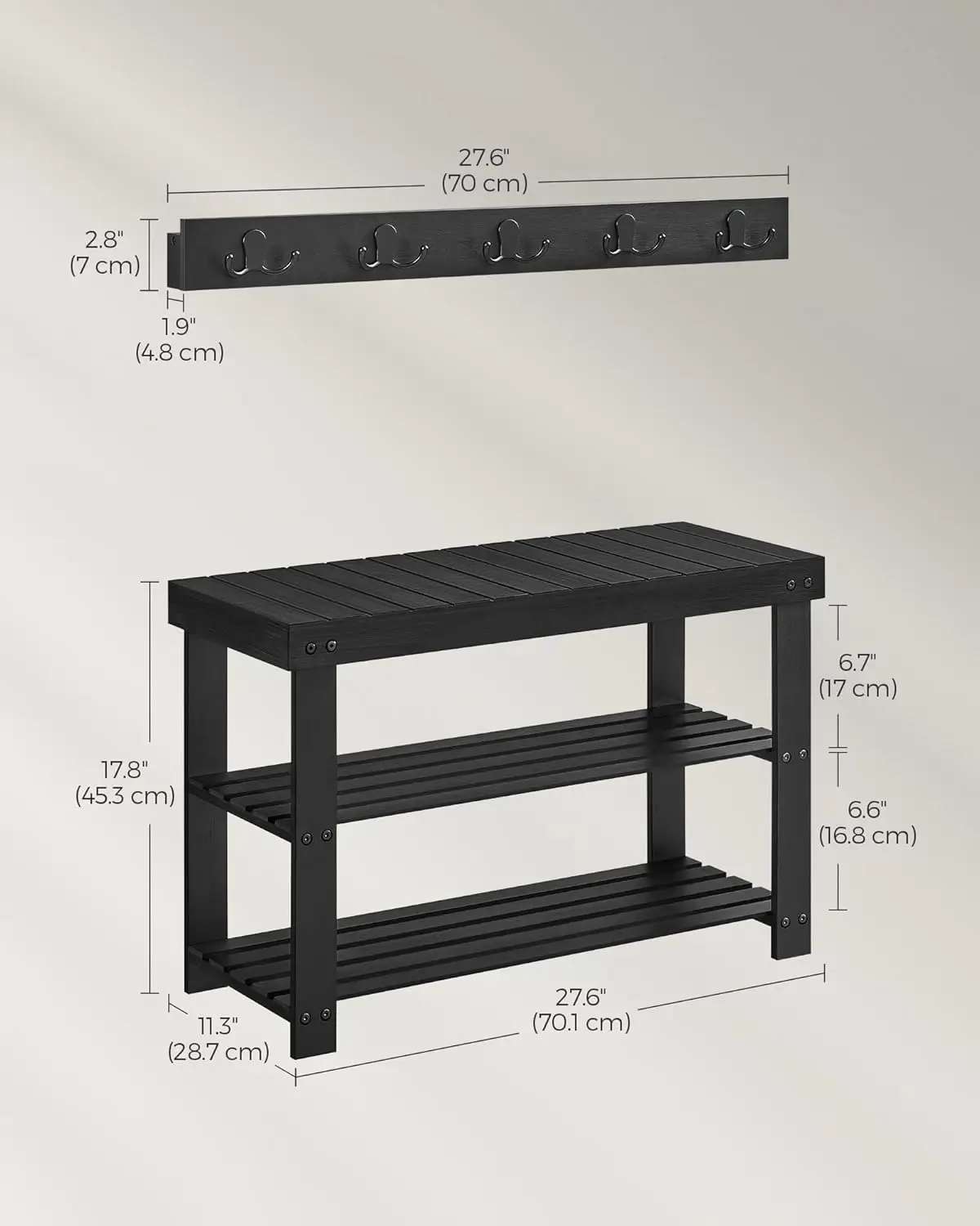 3-Tier Bamboo Shoe Rack Bench, Multifunctional, 5 Double Metal Hooks, for Entryway, Hallway, Bedroom