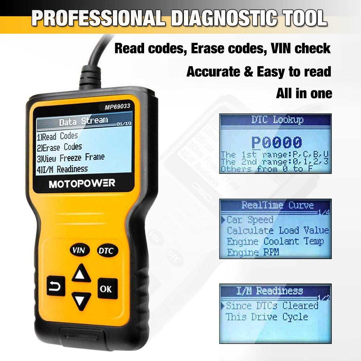 MOTOPOWER-Universal Car Motor Fault Code Reader, ferramenta de diagnóstico para todos os carros do protocolo OBD II, MP69033 OBD2 Scanner