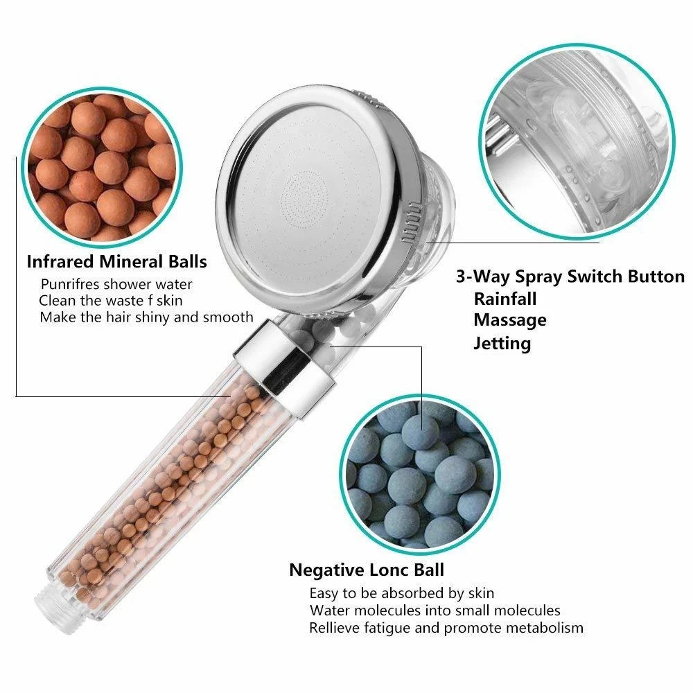Shower Head Shower Bath Head Adjustable 3 Mode High Pressure Stone Stream Handheld Shower Head with Negative Ion Activated Ceramic Balls