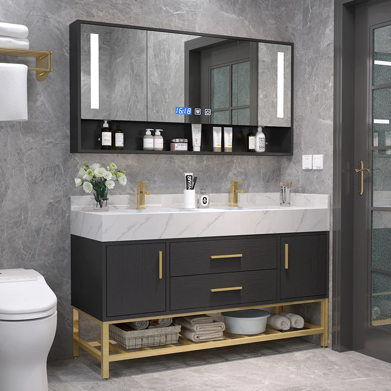 

Double Basin Light Luxury Rock Plate Bathroom Furniture Combination Modern Simple Wash Bathroom Cabinet Vanity Toilet Wash Pool