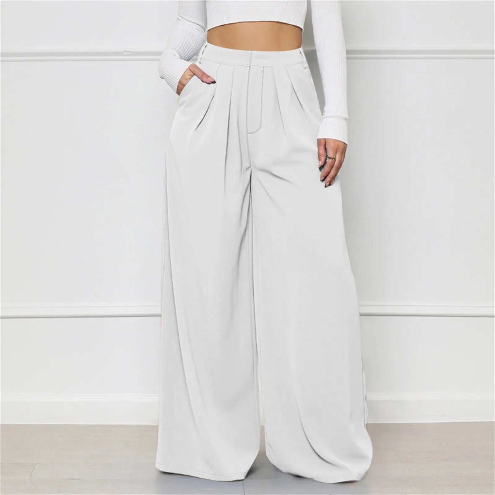 

Women Casual Loose Palazzo Pants Autumn High Waisted Wide Leg Trousers Pleated Long Culottes Pants Elastic Waist Trouser Pockets