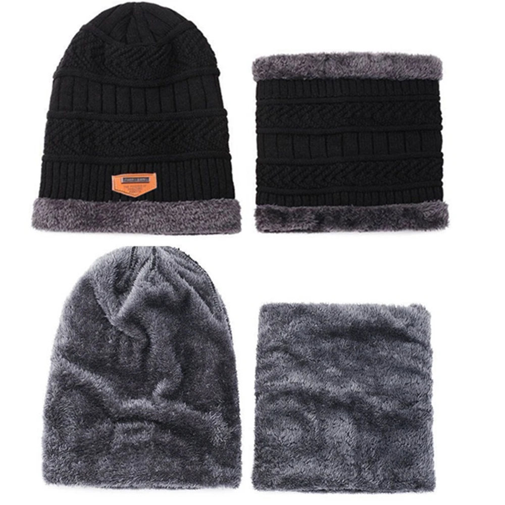 Unisex Classic Thicken Warm Knitted Suit Set Lined Winter Hat Soft Stretch Winter Hats For Men&Women Leisure Beanie Cap