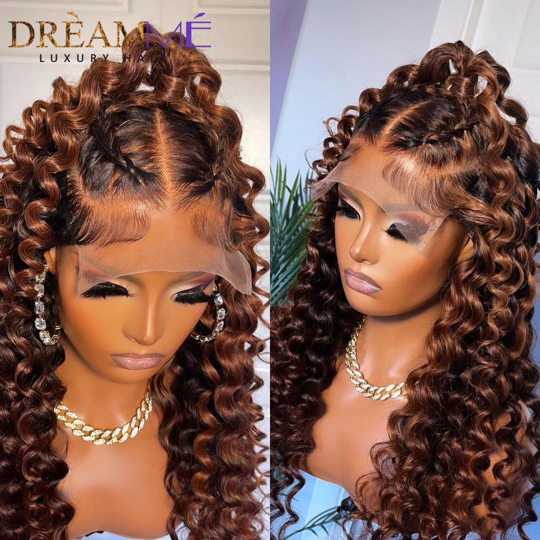 Loose Deep Wave Wig Glueless 4x4 Closure Human Hair Wig Wear and Go Brown Highlights Brazilian 360 Glueless Lace Frontal
