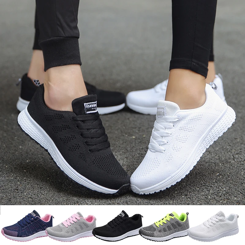 

Fashion Woman Tennis Shoes Light Breathable Female Sport Shoes Walking Sneakers Lace-Up White Women Flats Outdoor Casual Shoes