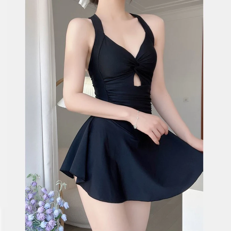 Women Halter Sexy Hollow Irregular Swimsuit Summer V Neck Ruched Solid One Piece Push Up Mini Dress Swimwear Beach Bathing Suits