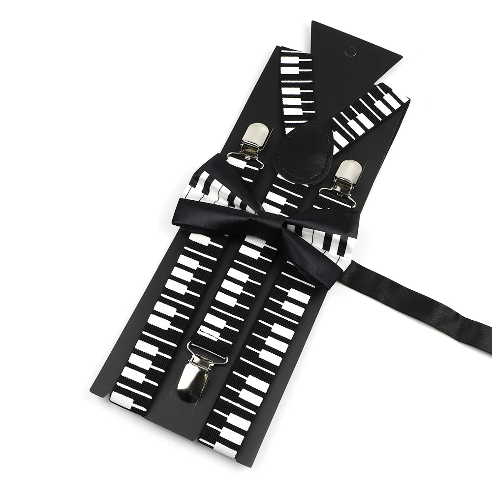 Black white Suspender Bowtie Set For Men Women Girl Boy Musical Note Adjustable Elastic Y-Back Braces Suit Skirt Accessories