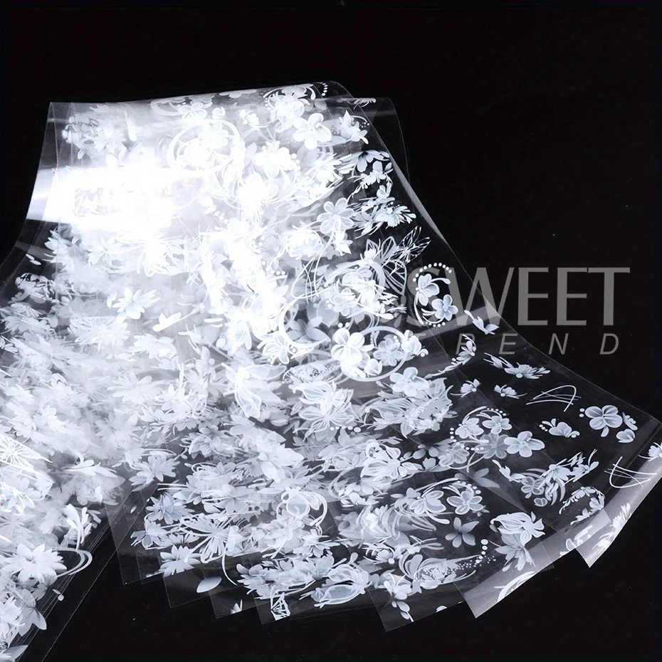 10 Rolls Elegant White Flowers Petal Nail Transfer Foils Stickers Butterfly Painting Lace Floral Decals Wedding Bride Decoration