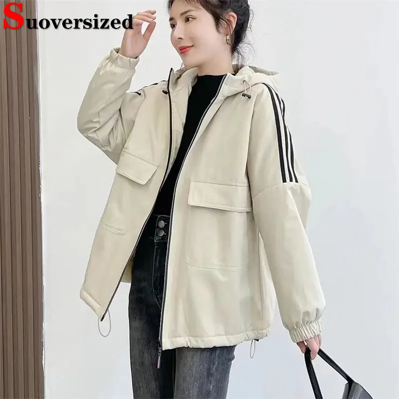 

Korean Plush Velvet Lined Jackets Winter Hooded Parkas Women Warm Thicken Coats Casual Loose Casacos Oversized 75kg Chaquetas