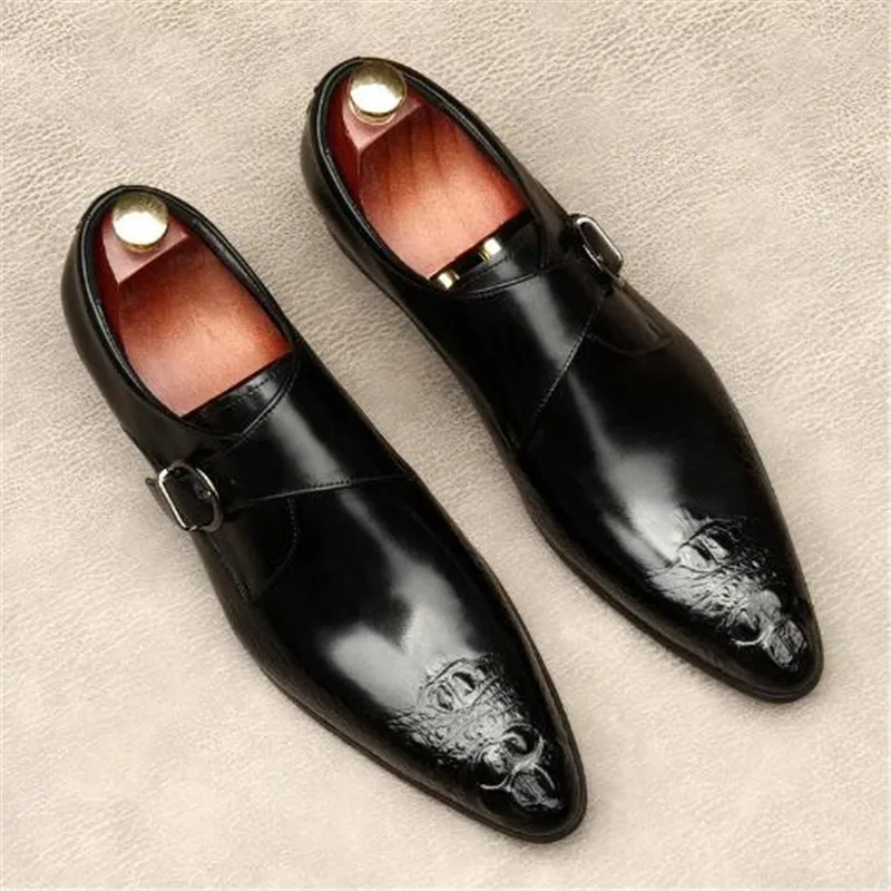 

Autumn Monk Strap Mens Loafers For Wedding Crocodile Pattern Black Brown Genuine Leather Slip On Men Dress Shoes Casual Business