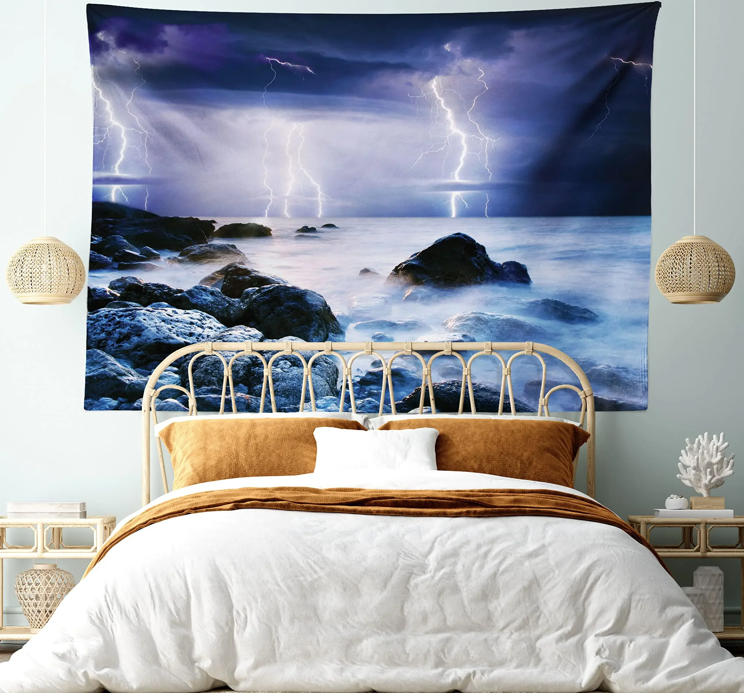 Nature Tapestry Summer Lightning Storm Over The Rocks In Ocean Nightmare Theme Weather Nature Living Room Decor Viola E Blu