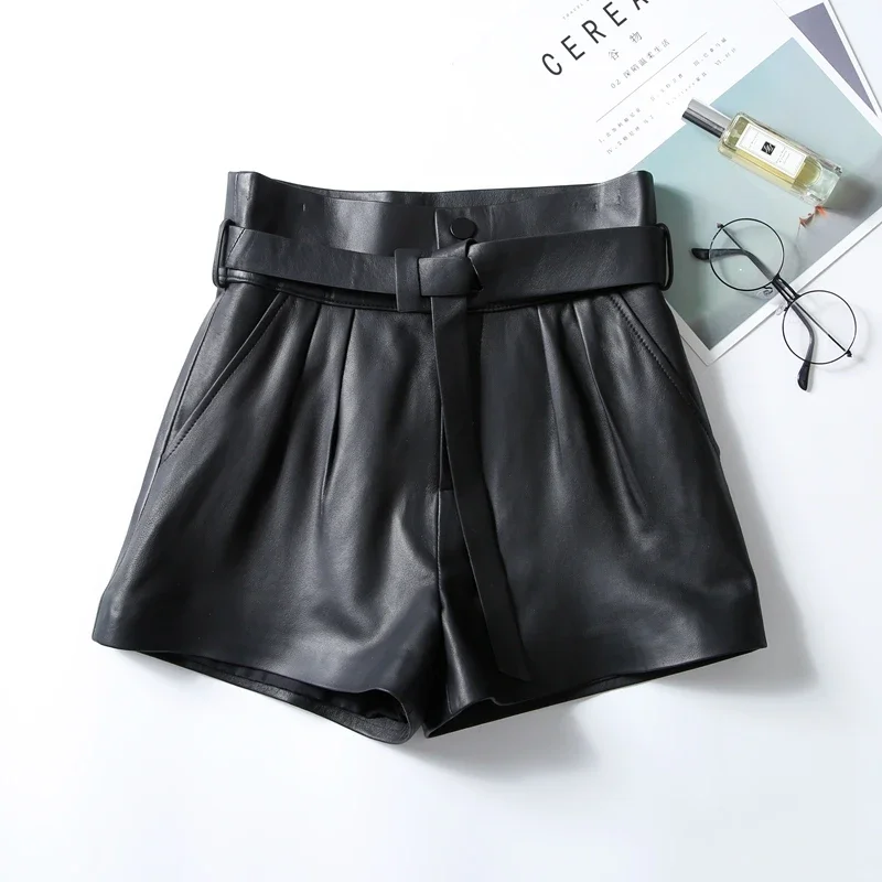 

Genuine Sheepskin Leather Shorts for Women Clothing Wide Leg Shorts Korean Fashion High Waist Black Shorts Pants Streetwear SGG