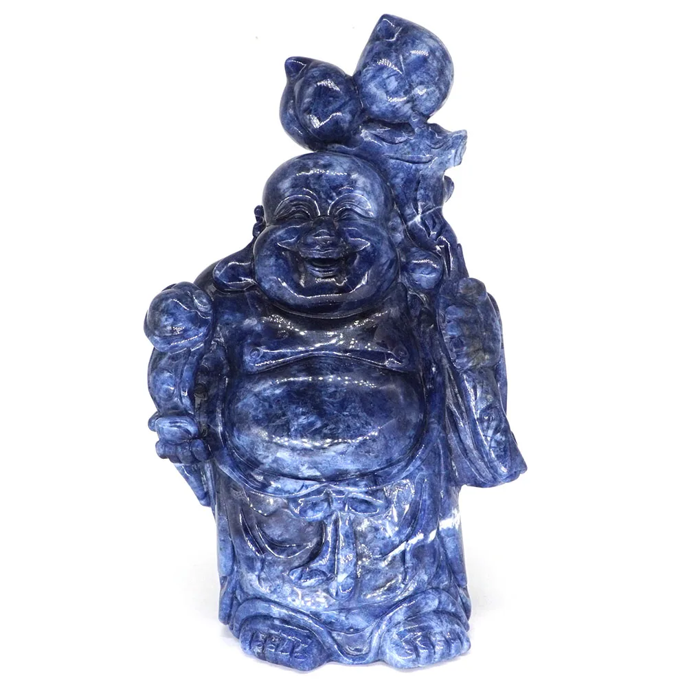 

9" Maitreya Cloth Bag Buddha Natural Gemstone Blue Sodalite Crystal Carved Reiki Healing Chakra Lucky Figurine Crafts Home Decor