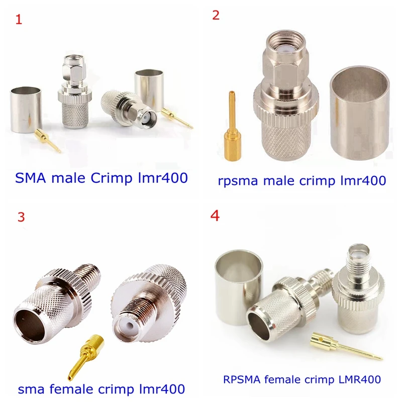 Sma & Rpsma Macho Fêmea Conector Crimp para Lmr400 Rg393 Rg214 7d-fb Cnt400 Cabo Coaxial Latão Niquelado Peças Lote