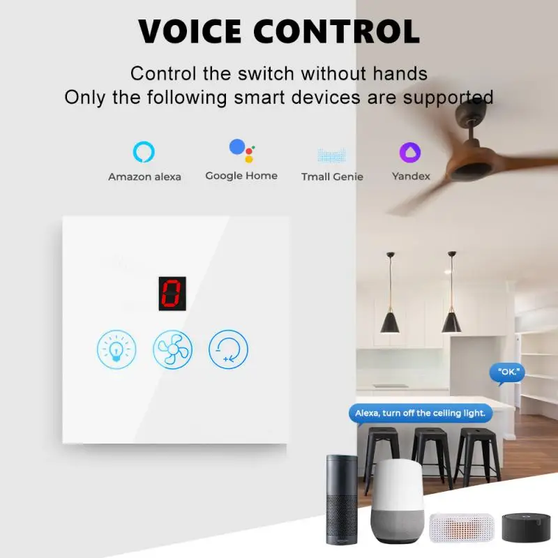 

Us Tuya Smart WiFi Touch Switch Fan Light Ceiling Lamp Speed Control Wall Glass Panel Electrical App For Alexa Home