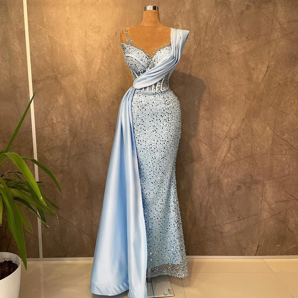 Make a Splash in Sky Blue Mermaid Prom Dress With Beads