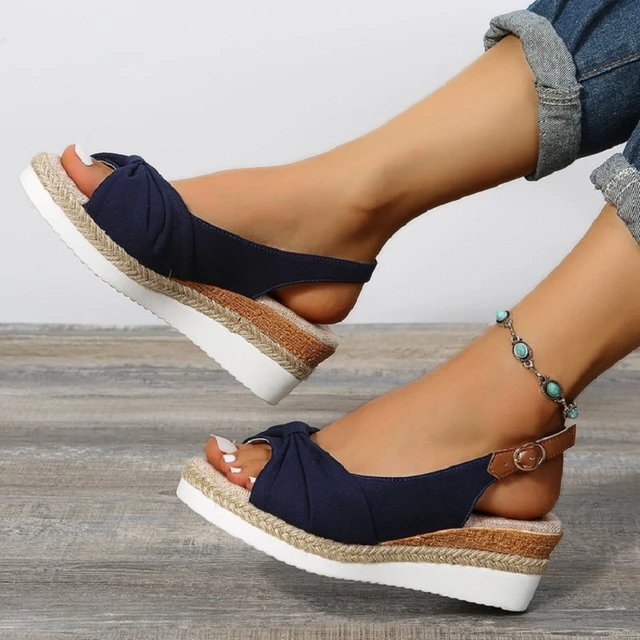 Sandalias De cuña punta abierta para Mujer, zapatos De con plataforma antideslizante, con lazo aterciopelado, talla grande 42, verano 2022 _ - AliExpress Mobile