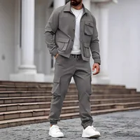 Printemps et automne hommes à la mode nouveau style de vêtements de travail sportifs couleur unie multi-poches conception à manches longues ensemble de pantalons longs 2