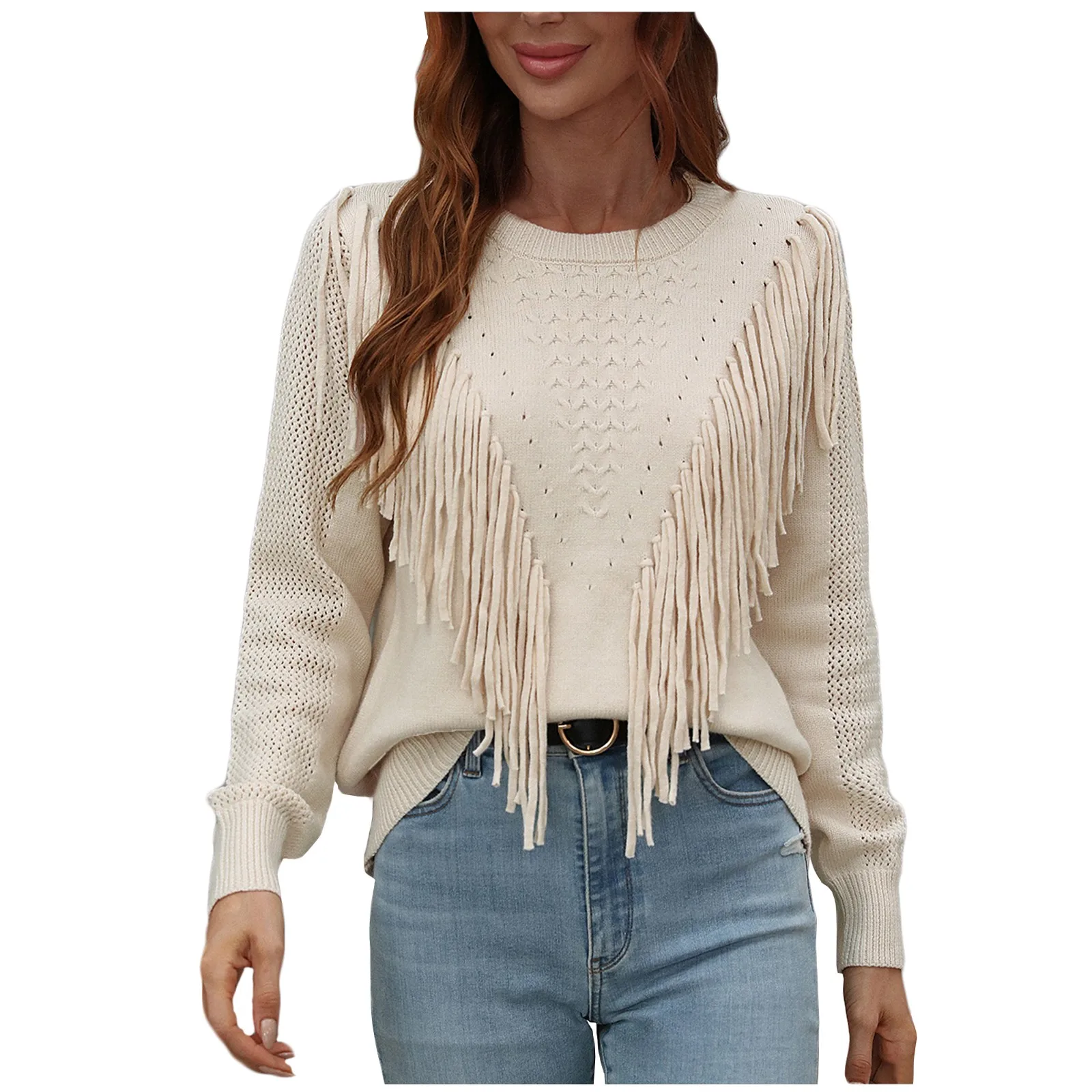 

Женская трикотажная рубашка с длинным рукавом, Женский пуловер, однотонный вязаный джемпер с кисточками, Осенние Топы, модные женские свитера 2023
