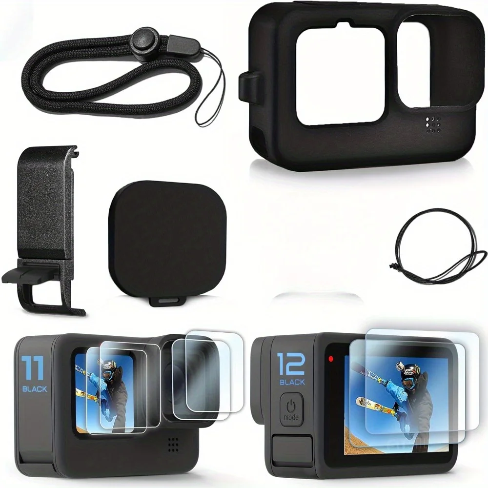 

Black Silicone Sleeve Case for GoPro Hero 12/Hero 11/10/9 Black Battery Side Cover Screen Protectors Lens Caps Accessories Kit