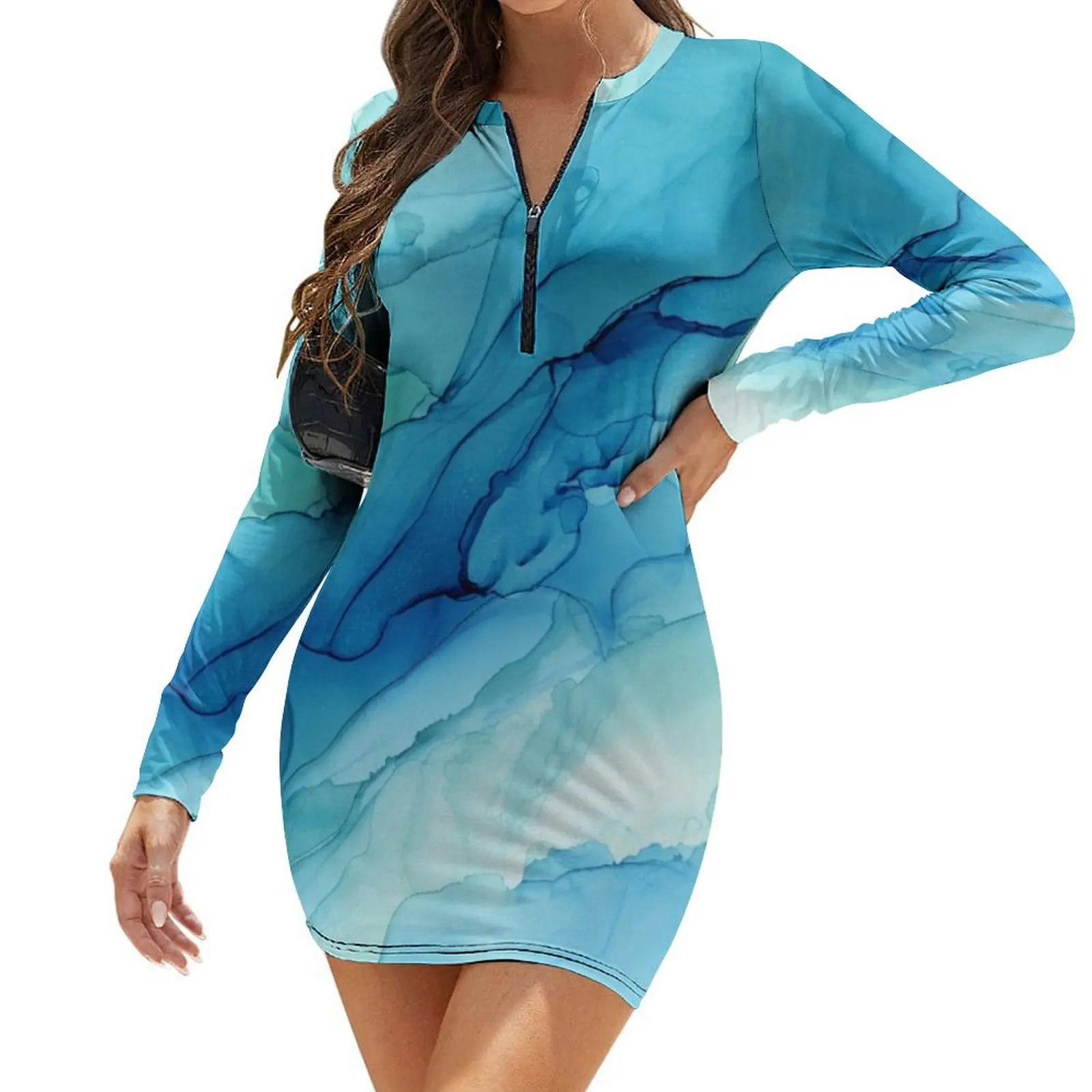 

Blue Emerald Water Ombre Abstract Ink Long-Sleeve Bodycon Dress summer woman dress 2024 dresses for women 2024