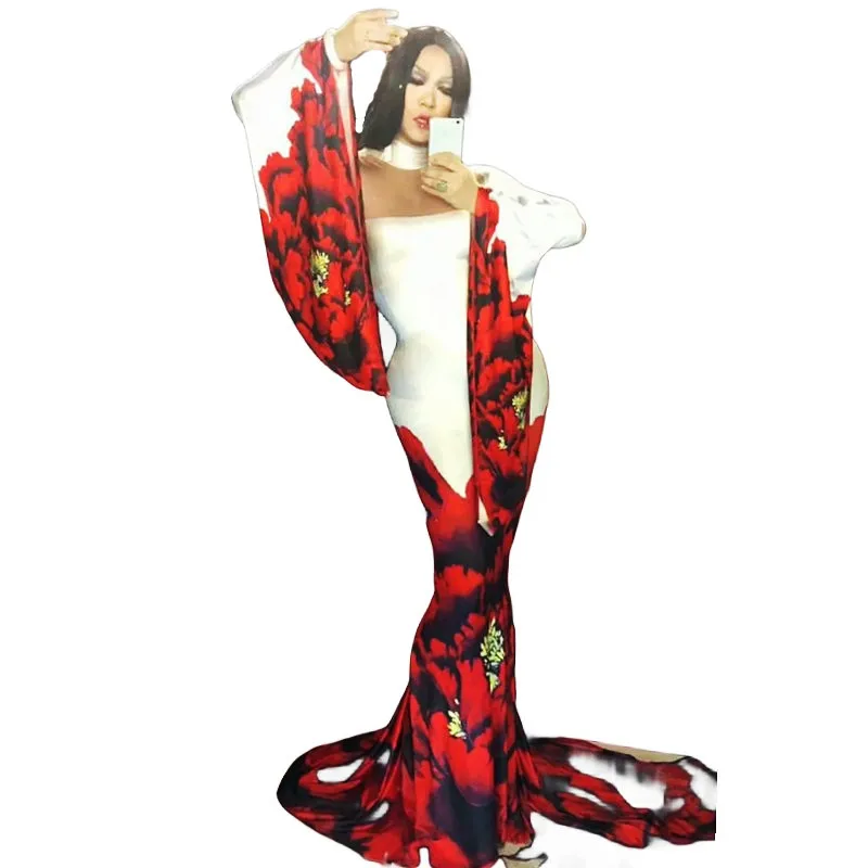 Vintage Stage Performance Costume Red Floral Print Trailing Long Dress Women Birthday Party Evening Celebrate Performance Outfit