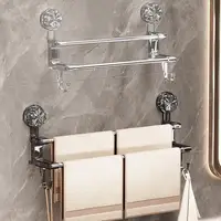 Double-rod Suction Cup Towel Rack For Home Bathroom Towel Storage With Hook For Wet And Dry Towel Dual-use Bathroom Storage 1