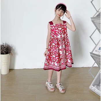 2026 Spring/Summer Fashion Children's Dress Strap Cotton Elegant Printed Loose Knee Skirt Suitable for Vacation.