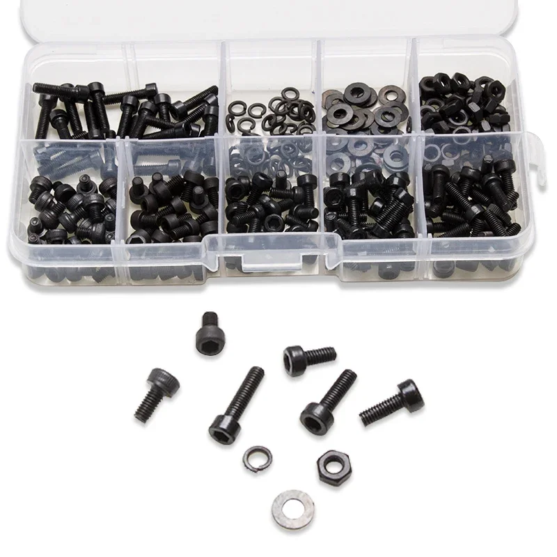 Description Picture 2 of item300Pcs M3 Screws Black Carbon Steel Column Hexagon Socket Screw Bolt Nut Flat Pad Washers Spring Box Kit Bolts and Nuts