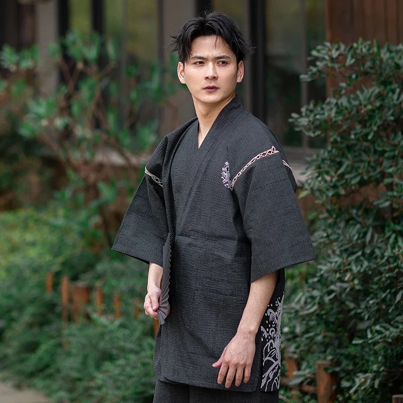 Traditional Japanese Pajamas Sets Men Yukata Kimono Cotton Male Loose Japan Home Clothing Sleepwear Bathrobe Leisure Wear
