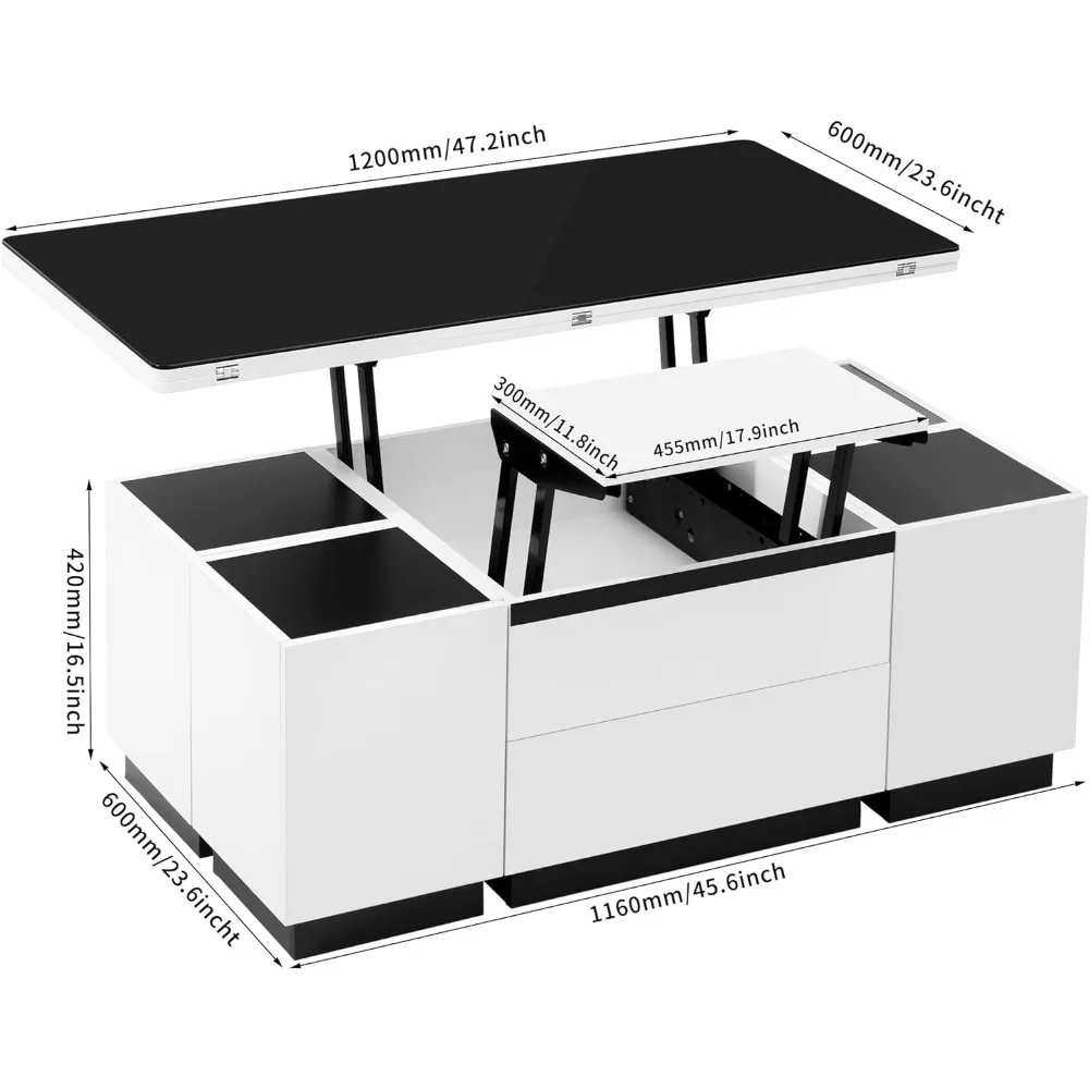 Modern White Lifting Glass Coffee Table, Multifunctional Table with Drawers and Storage 2