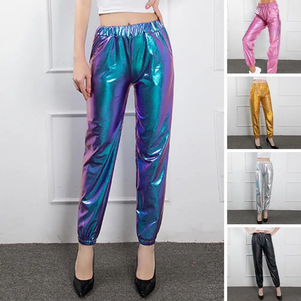 

Hip Hop Harem Trousers Women Metallic Pants Shiny Laser Pants High Waist Ankle-banded Women Trousers Glossy Stage Pants Clubwear