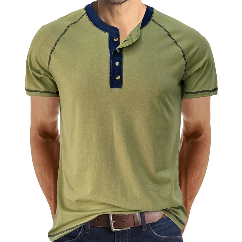 

Raglan Sleeve New Summer Short Sleeve Solid Color Henley Men's T-Shirt