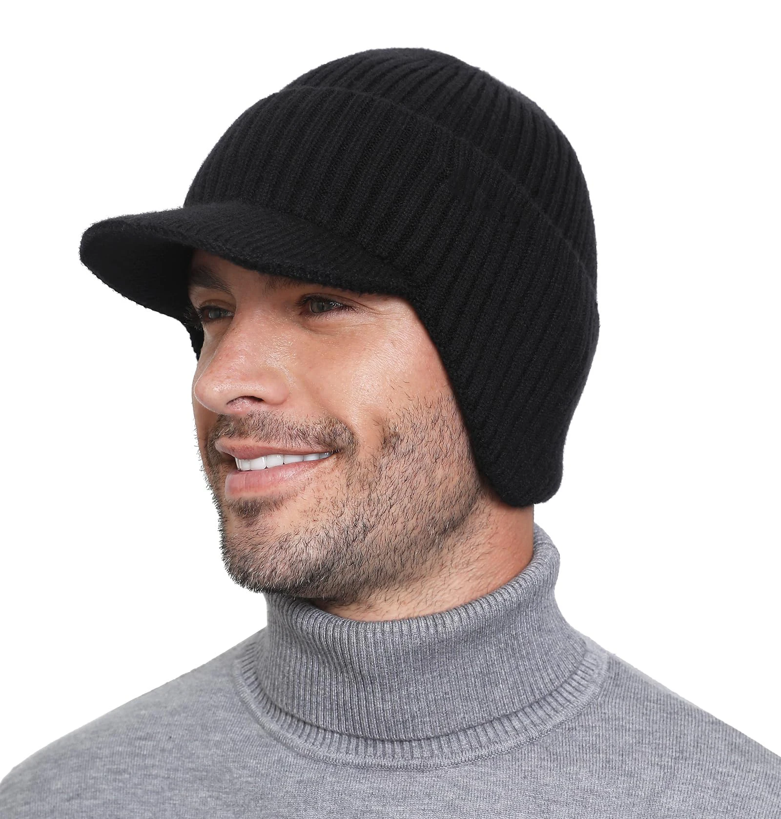 Winter Beanie with Brim and Ear Flaps, Outdoor Warm Fleece Lined Knit Hat Stocking Caps for Men Women