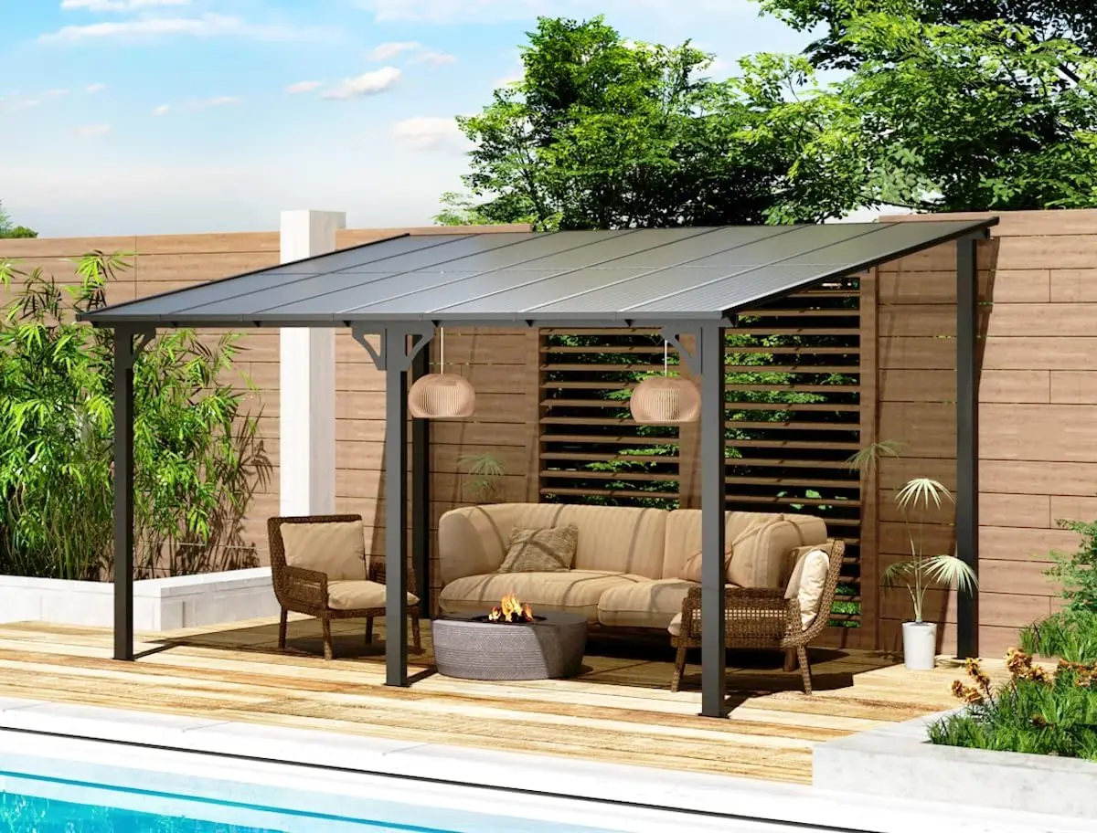 U-MAX 10' x 14' Outdoor Pergola Gazebo, Clearance Wall-Mounted Lean-to Metal Awnings, Patio Pergola with Large Panel Roof