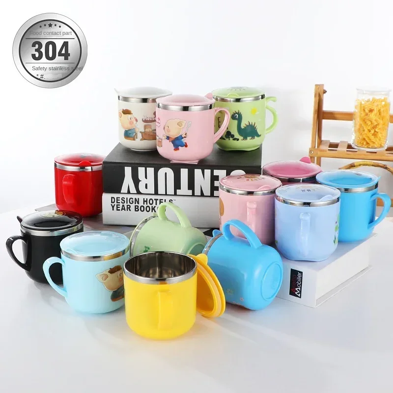 Baby Bottle Children's Cup Leak Proof Water Cup Cartoon Baby Straw Handle Beverage Food Grade Stainless Steel Milk Bottle