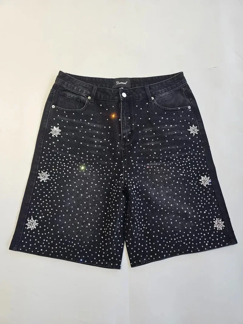 Retro rhinestone design denim shorts for men summer y2k minimalist beach bodybuilding casual couple wide leg shorts