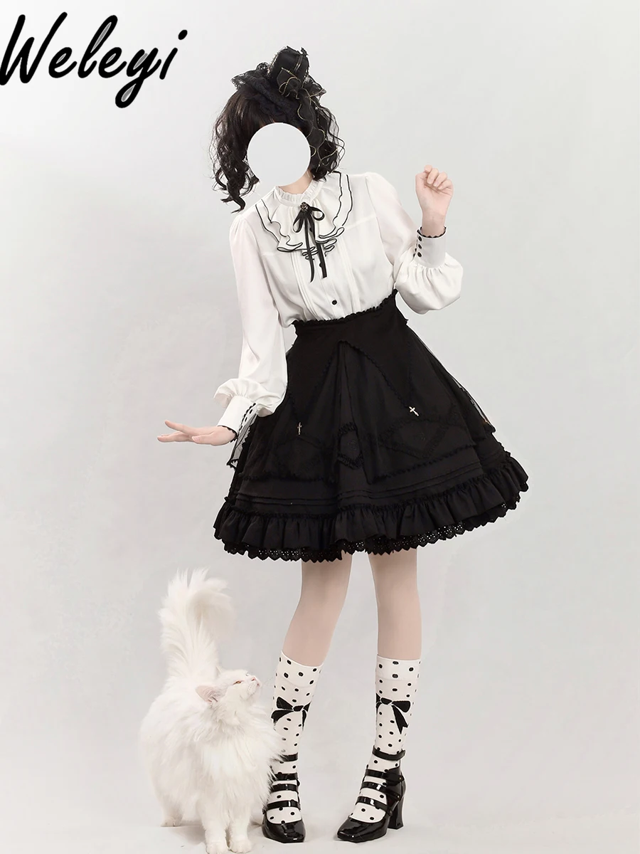 

Jirai Kei Womens Sweet Skirt Suit Japanese 2024 Spring and Autumn New Cute Lolita All Match Shirt Y2k Black Skirts Two Piece Set