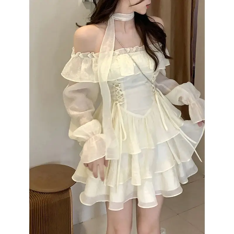 

Sexy off shoulder babes dress autumn fairy one shoulder tie waist ruffled cake skirt female summer dress women clothing y2k