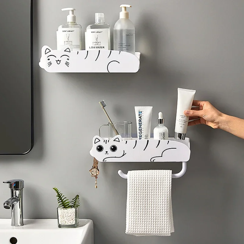 Kawaii Cat Bathroom Shelf Organizer, Punch-Free Storage Rack with Hooks, Shampoo Shower Storage Rack, Bathroom Storage Accessory 3