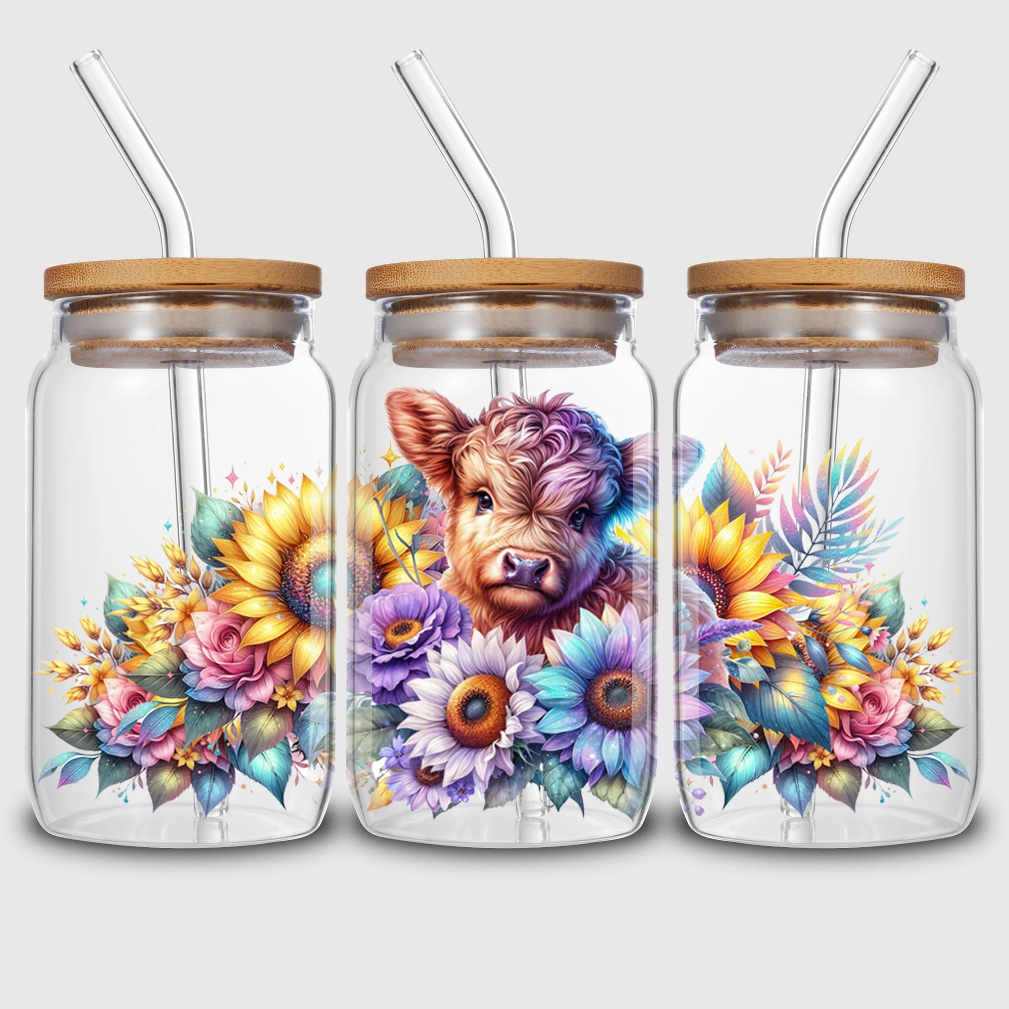 5 Sheets Highland Cow UV DTF Cup Stickers DTF Transfer Stickers Waterproof Funny Cow Wipe-Off Transfer Paper for 16oz Glass
