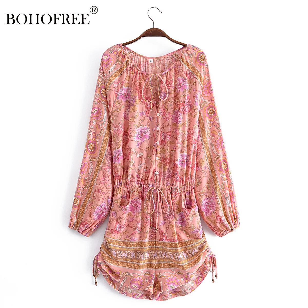 

Boho Floral Print Bodysuit RayonCotton Long Sleeve Bohemian Playsuits V Neck Elastic Waist Bohemian Woman Romper Mujer Jumpsuit