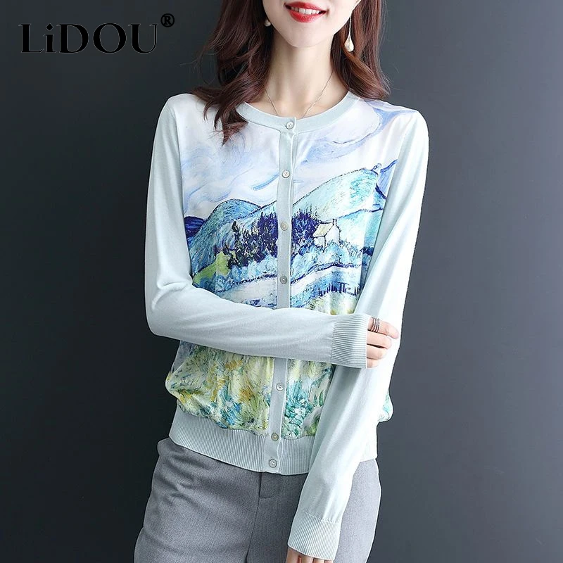 

2023 Spring Autumn New Fashion Printing Knitting Cardigan Women Casual High Street Round Neck Button Tunics All-match Y2K Tops