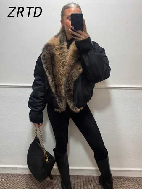 Street Faux Fur Patchwork Cropped Coats Women Loose Lapel Full Sleeve Pockets Warm Jackets 2025 Winter Lady Fashion Outwear 2