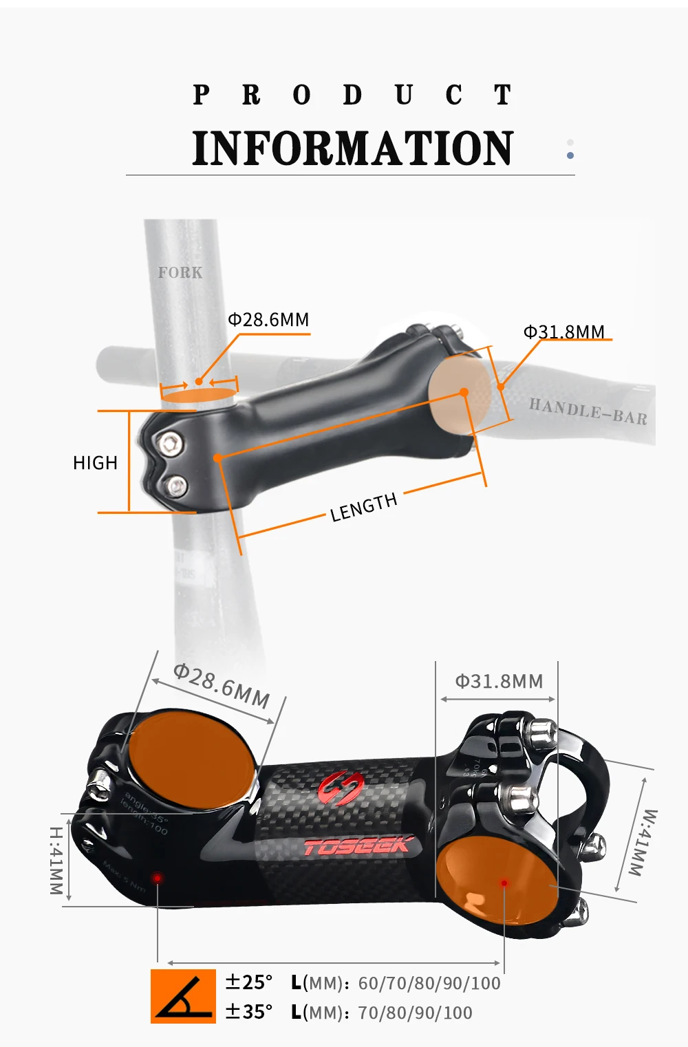 Description Picture 6 of itemToseek 31.8mm Carbon Fiber Mtb Stem 25/35 Degree Bicycle Stem Ultralight Bike Table 70/80/90/100mm Mtb Power Bicycle Accessories
