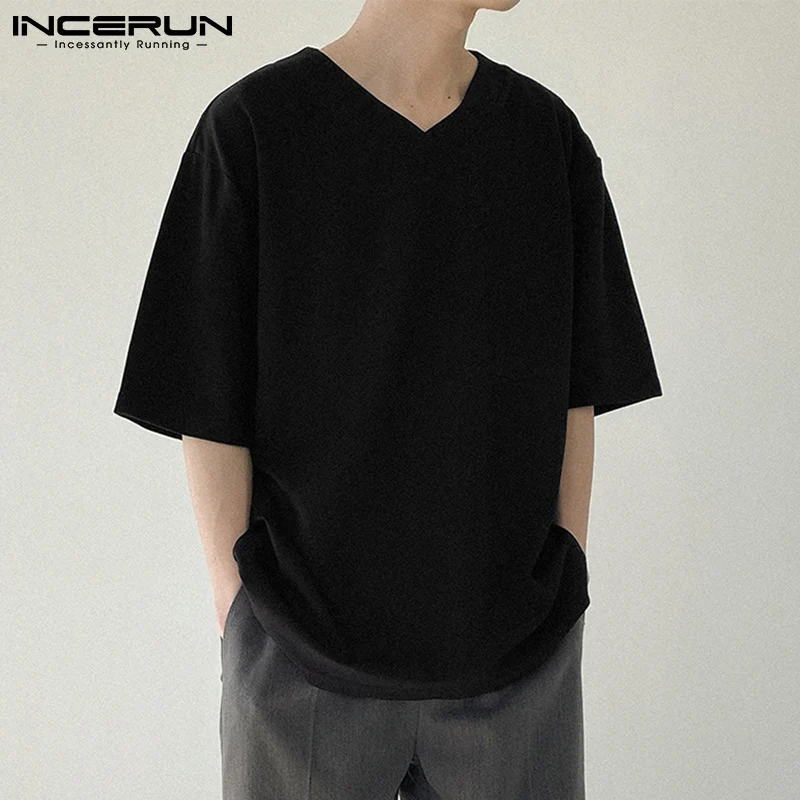 Men Casual T Shirt Solid Color V Neck Short Sleeve Korean Style Men