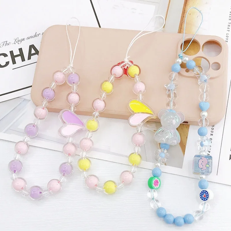 Sweet Flower Beaded Phone Chain Lanyard for Women Fashion Colorful Butterfly Cellphone Case Wrist Band Jewelry Accessories phone chain accessories