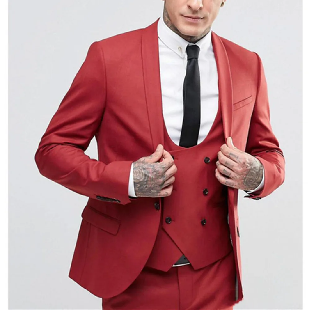 

3Pcs Handsome Groom Dress Shawl Collar Red Blazer Trousers Men Suits Best Men Coat Clothes Wedding Party Wear(Jacket+Pants+Vest)