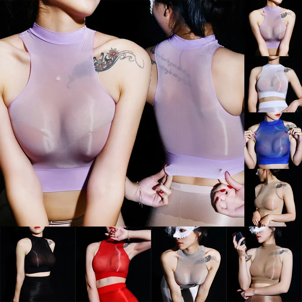 Description Picture 5 of itemWomens Tank Tops See Through Exotic Underwear Oil Glossy Shiny Sheer Halter Crop Top Bra Vest Sexy Seductive Sleeveless Bralette