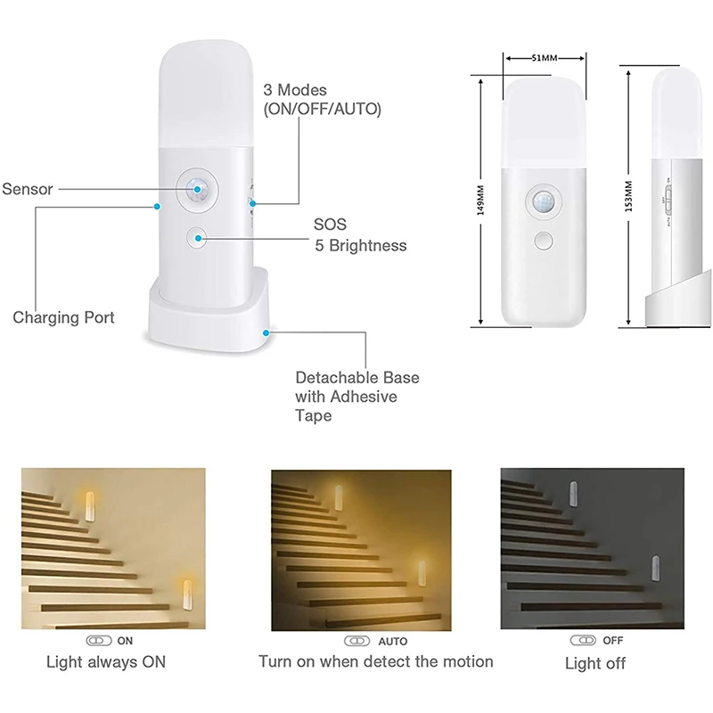 Sensor de Movimento Quente para Casa Ajustável Recarregável Night Light Cabeceira Lâmpada Emergência Branco - Armário Roupeiro Escadas Luz Led 1 Home & Garden