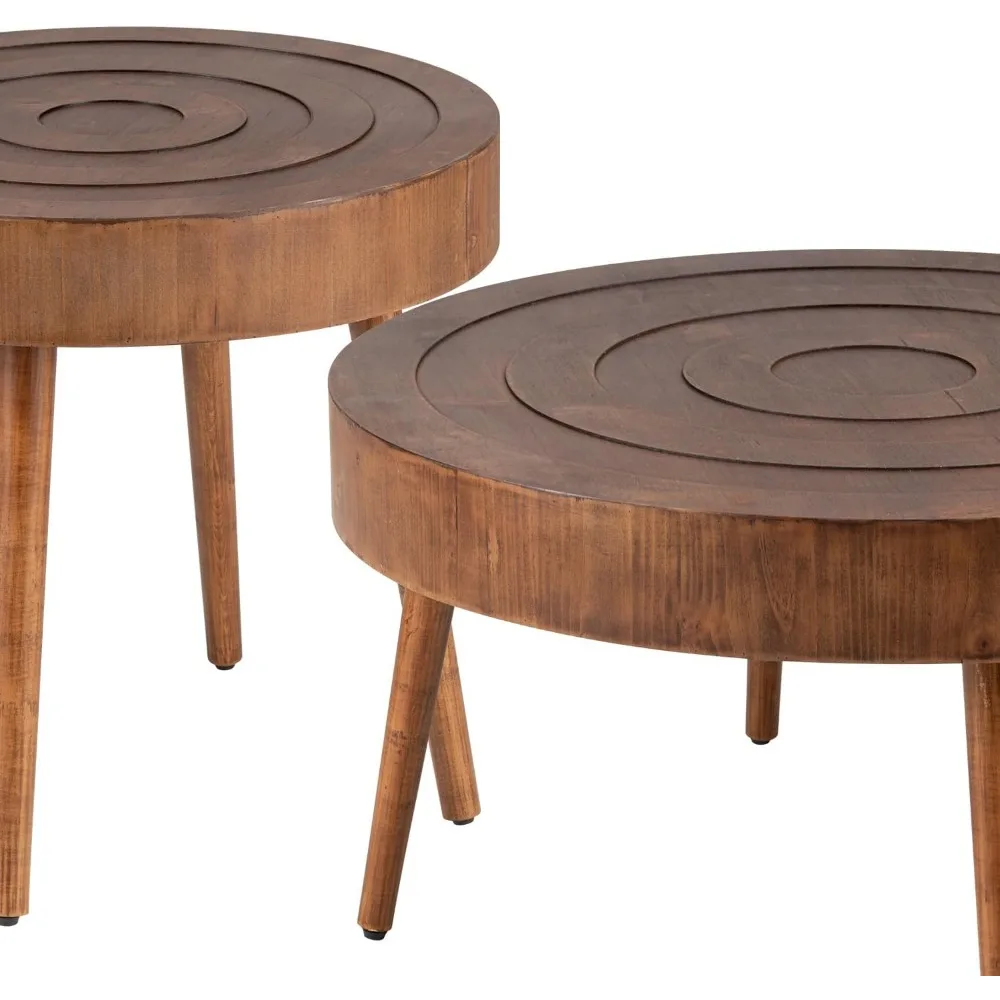 Round Coffee Table Set of 2, 2 Piece Farmhouse Nesting Table w Wooden Circle Sleeve Pattern, Modern MDF End Table for Living Roo 3